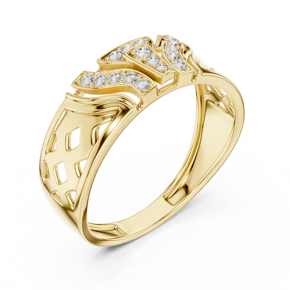 Geometric T-Bar Flanking Curved Wing Pave Diamond Lattice Ring
