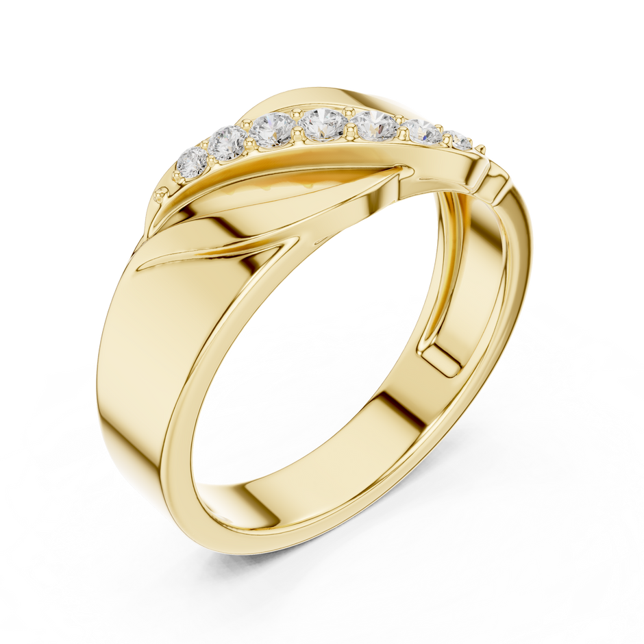 Diagonal Leaf Wave Round Shape Lab Grown Diamond Ring Sculpted Band