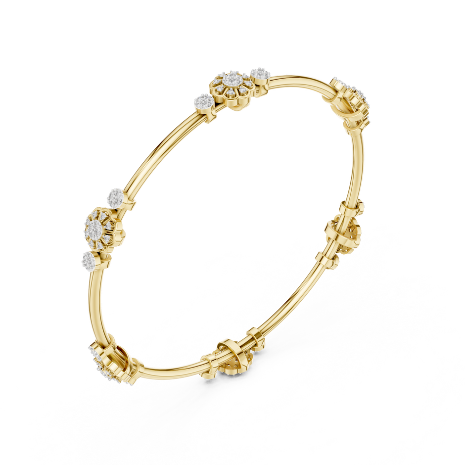 Gold Bangle Bracelet with Floral Diamond Station Clusters