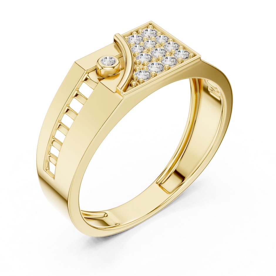 Asymmetrical Curved Divider Bezel Accent Half Pave Signet Lab Grown Diamond Ring