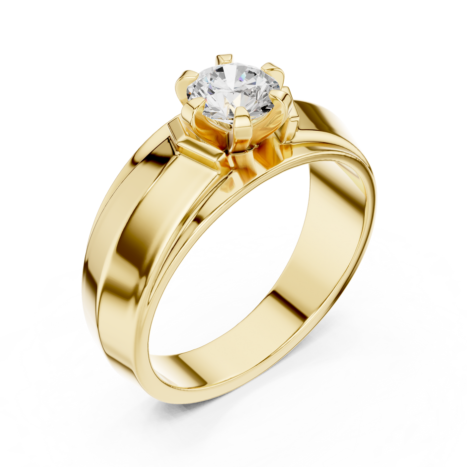 Six Prong Round Shape Lab Grown Diamond Ring Hexagonal Crown Solitaire Band