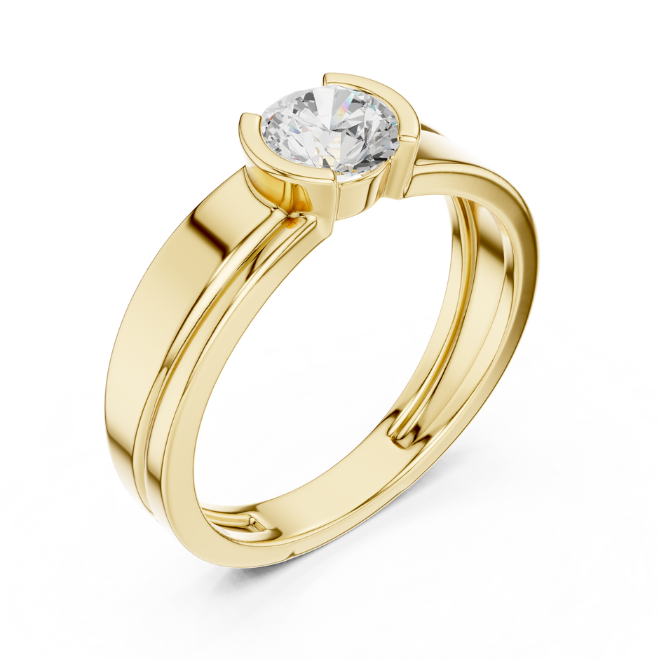 Solitaire Half Bezel Round Shape Lab Grown Diamond Ring Grooved Band