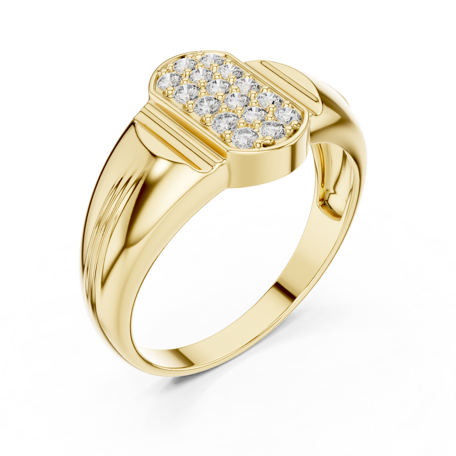 Elongated Oval Pave Vertical Ribbed Collar Lab Grown Diamond Signet Ring