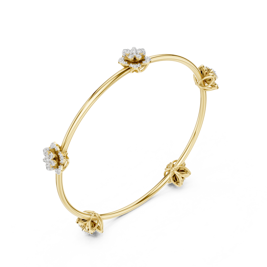 Gold Floral Bloom Station Bangle with Diamond Petals