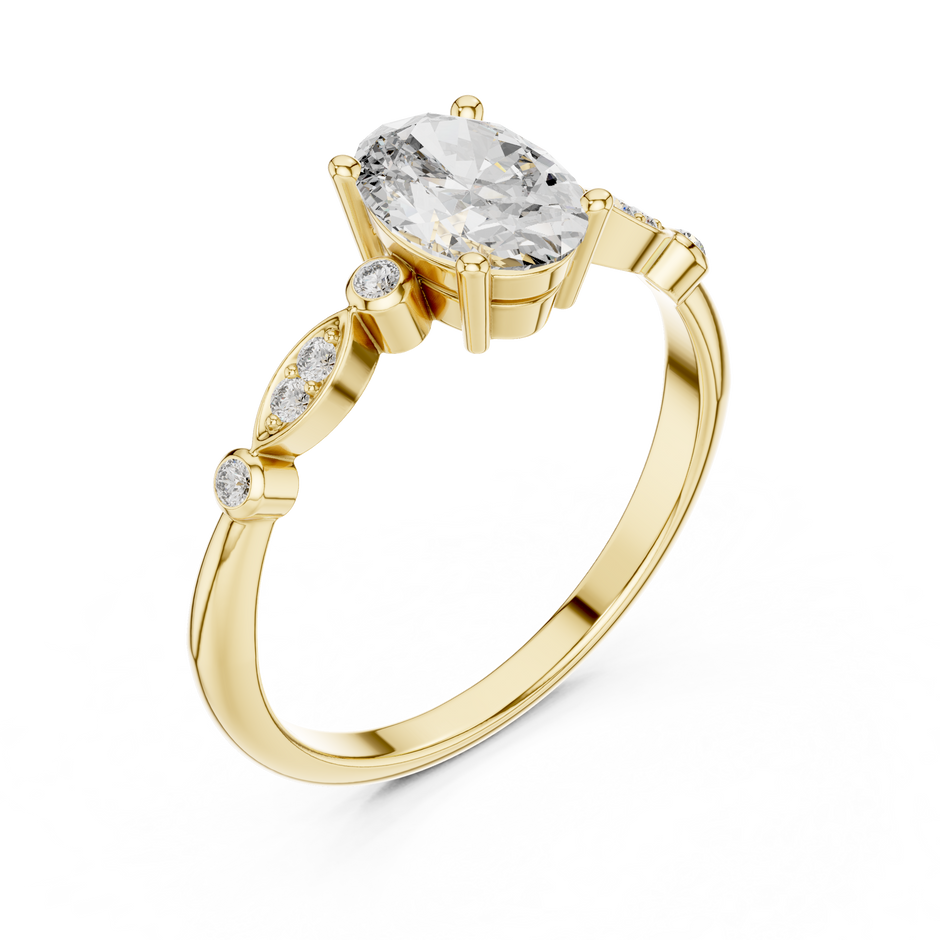 0.75 Ct Oval Botanical Leaf Side Stone Pave Set Lab Grown Diamond Solitaire Ring