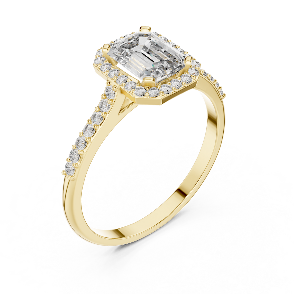 0.85 Ct Emerald Cut Halo Pave Solitaire Lab Grown Diamond Ring