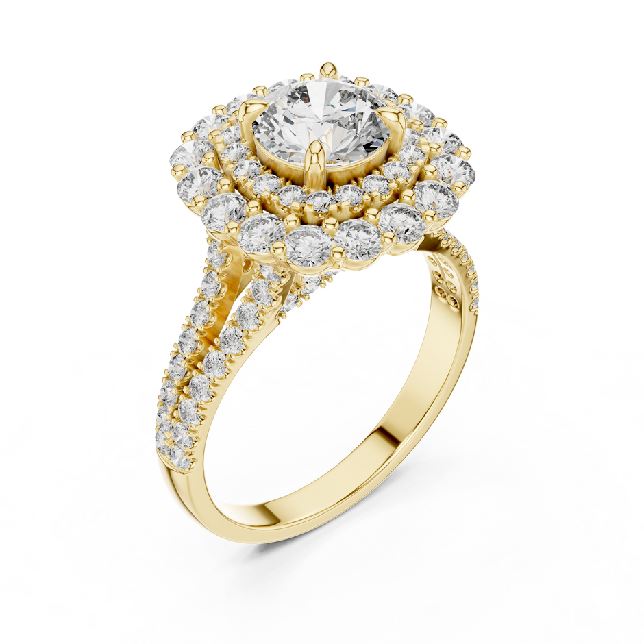 1ct Round Cut Lab-Grown Diamond Double Halo Engagement Ring with Split-Shank Pavé Band