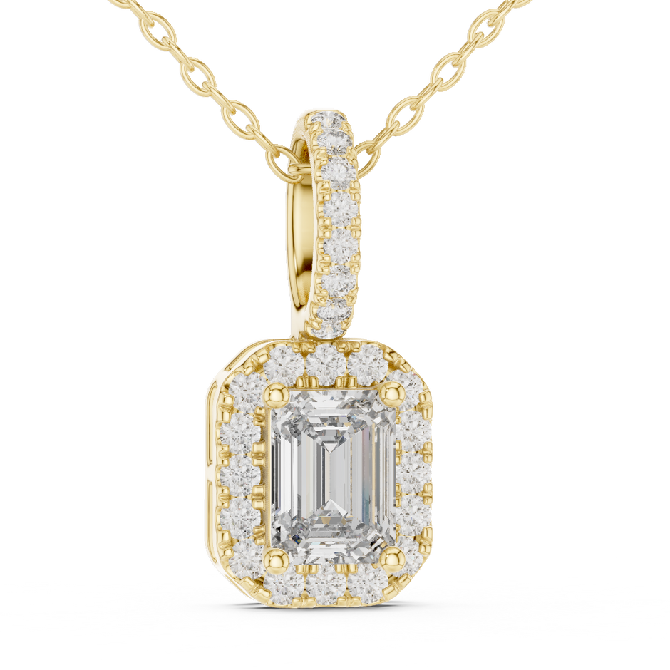 Emerald Cut Lab Grown Diamond Halo Solitaire Pendant