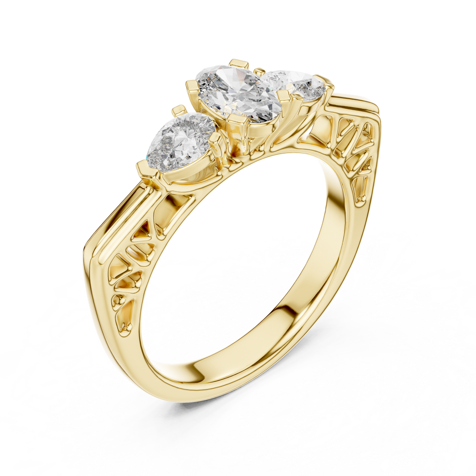 Three-Stone Oval and Pear Cut Lab Grown Diamond Engagement Ring with Openwork Filigree Band