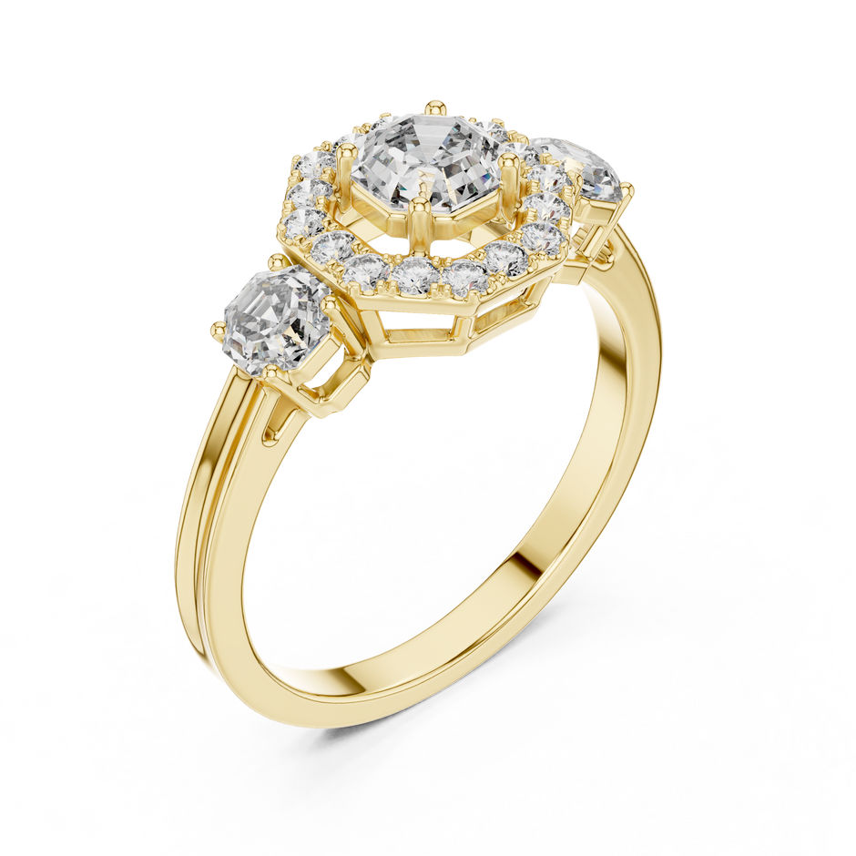Geometric Halo Three-Stone Octagon Cut Lab Grown Diamond Engagement Ring