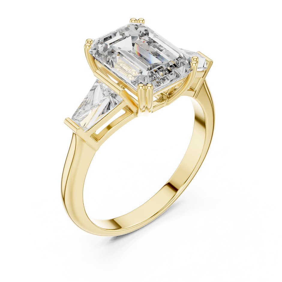 2.5ct Emerald Cut Center with Tapered Baguette Side Stones Lab Grown Diamond Three-Stone Engagement Ring