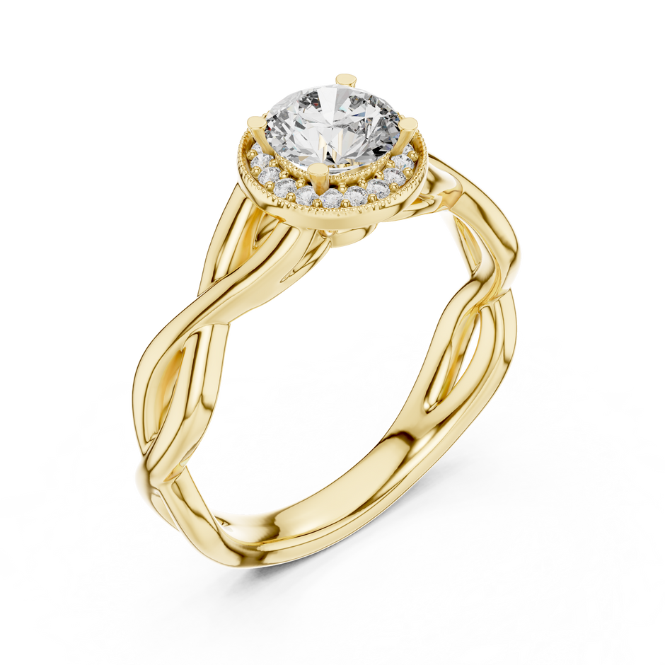 0.70ct Round Cut Lab Grown Diamond Halo Engagement Ring with Twisted Vine Band and Milgrain