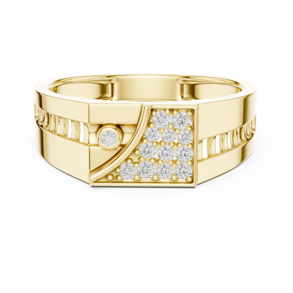 Asymmetrical Curved Divider Bezel Accent Half Pave Signet Lab Grown Diamond Ring