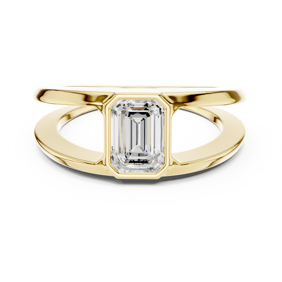 Bezel Set 1.00 Ct Emerald Shape Lab Grown Diamond Solitaire Ring Split Shank Band