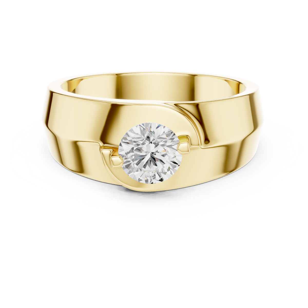 Two Prong Round Shape Lab Grown Diamond Ring Curved Collar Solitaire Band