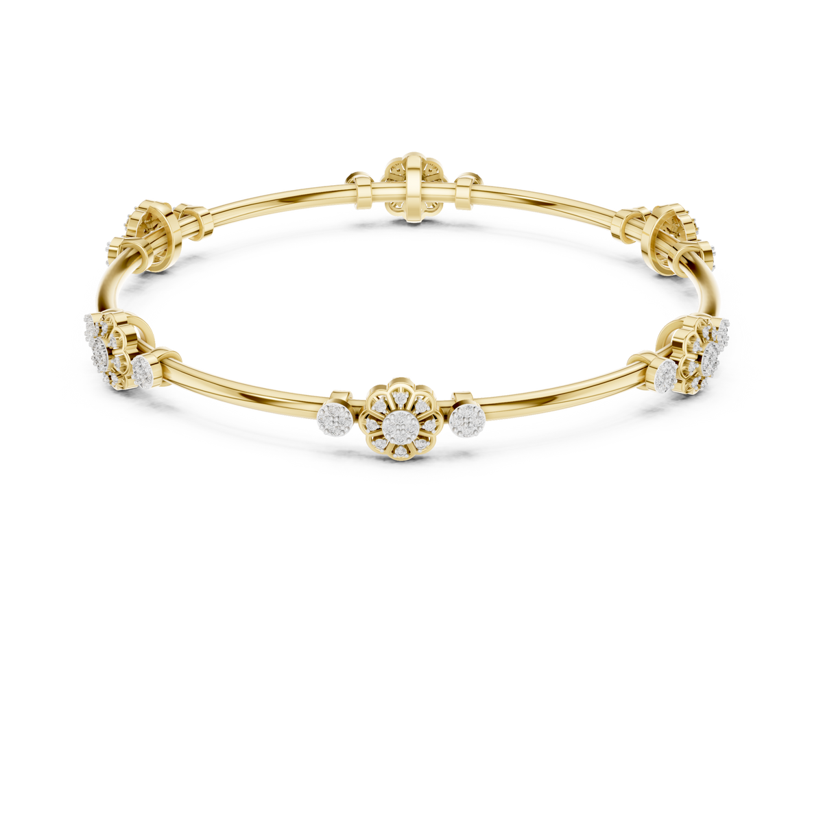 Gold Bangle Bracelet with Floral Diamond Station Clusters