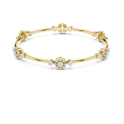 Gold Bangle Bracelet with Floral Diamond Station Clusters