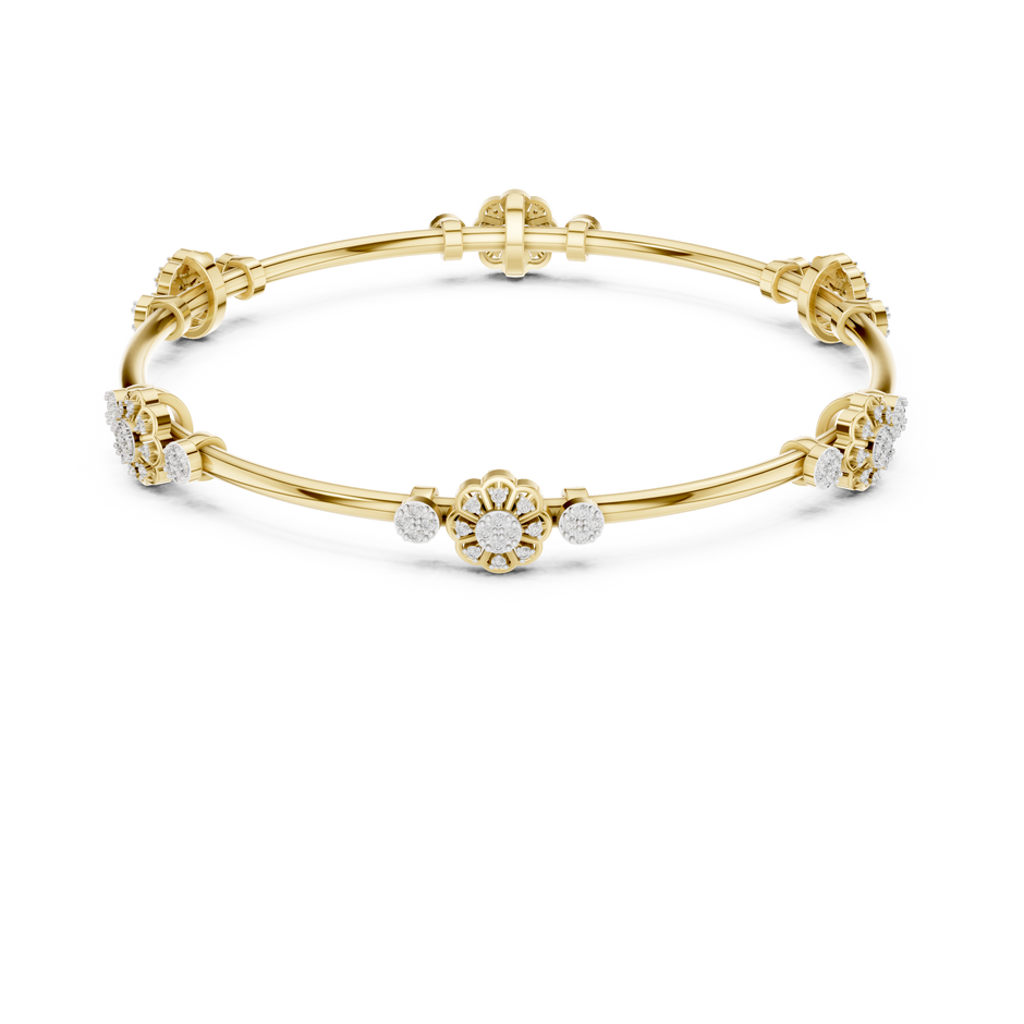 Gold Bangle Bracelet with Floral Diamond Station Clusters