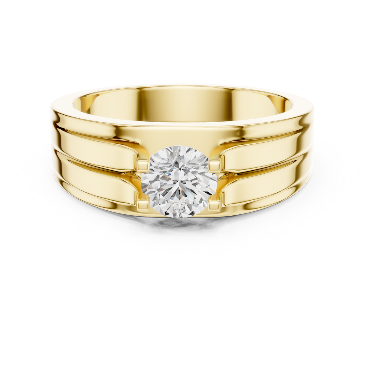 Four Corner Prong Round Shape Lab Grown Diamond Ring Grooved Band
