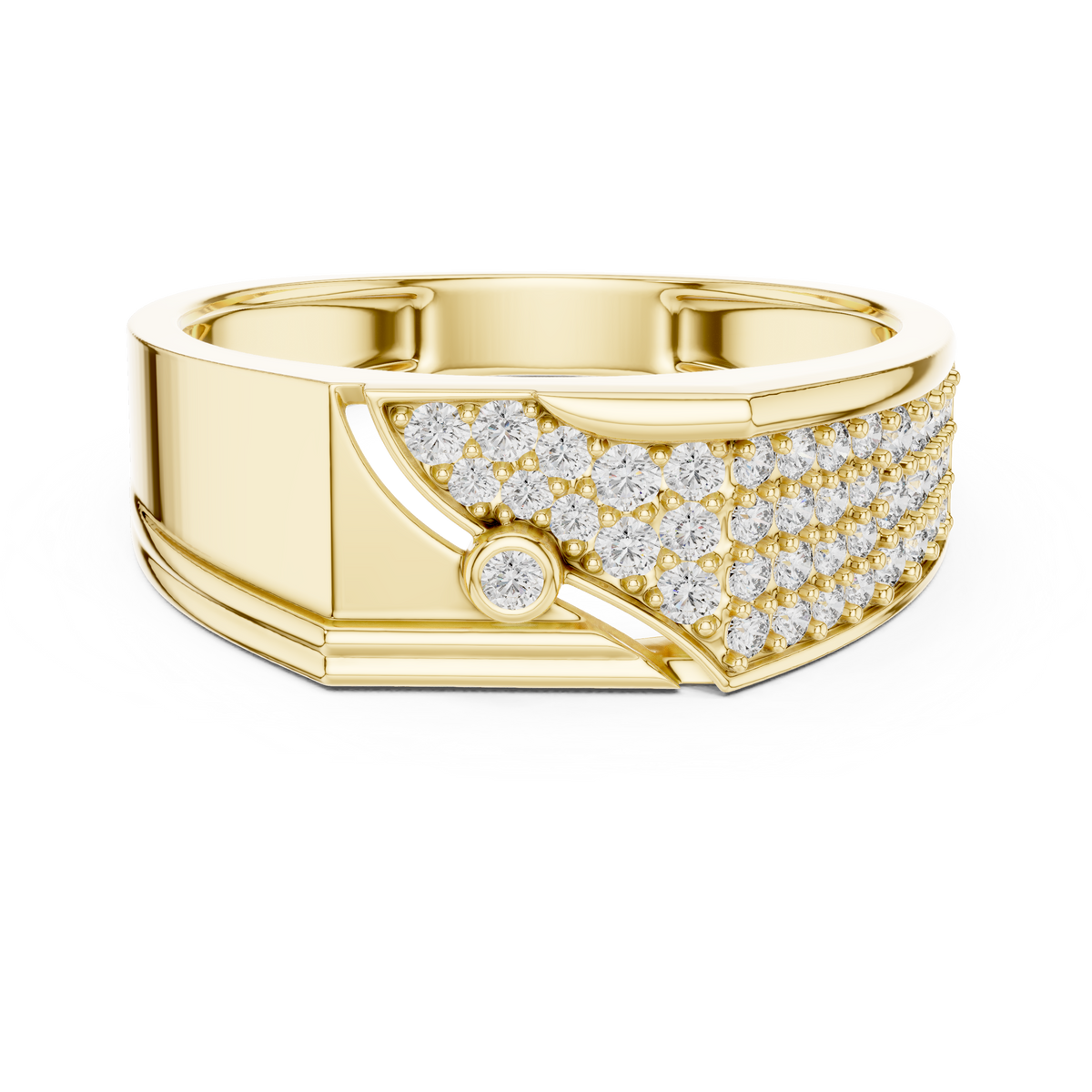 Asymmetrical Diagonal Bezel Solitaire Pave Signet Lab Grown Diamond Ring
