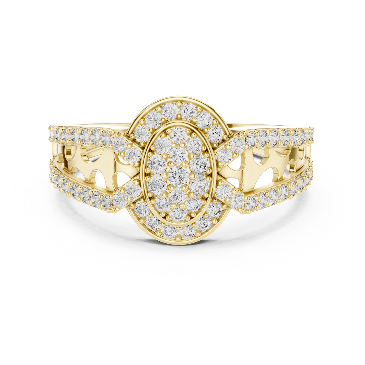 Round Diamond Cluster Ring with Oval Halo and Openwork Band