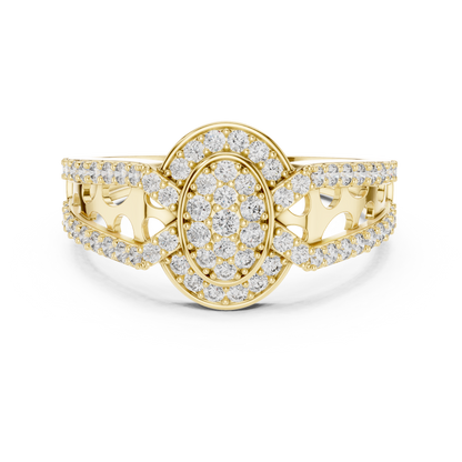 Round Diamond Cluster Ring with Oval Halo and Openwork Band