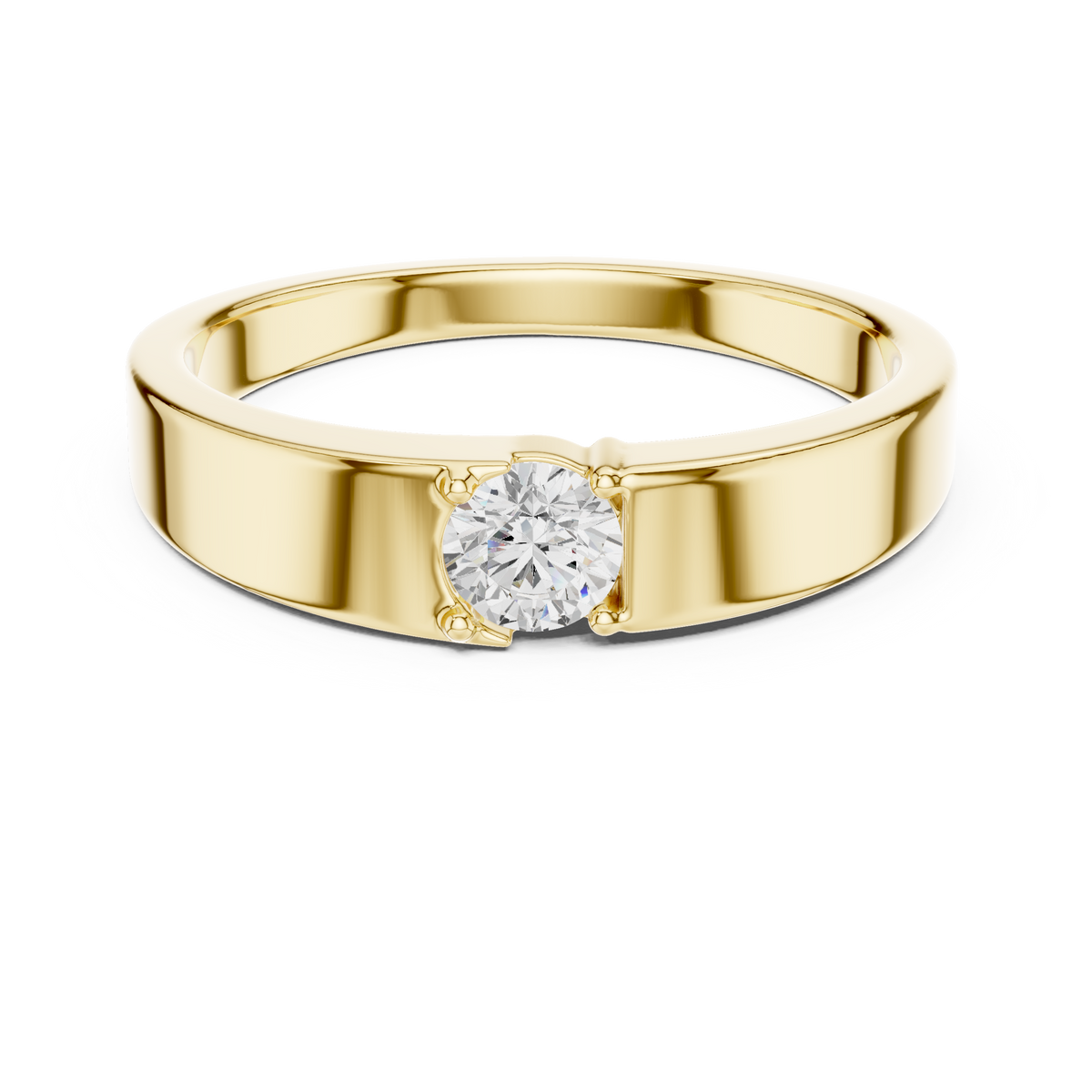 Solitaire Four Prong Round Shape Lab Grown Diamond Ring Flat Profile Band