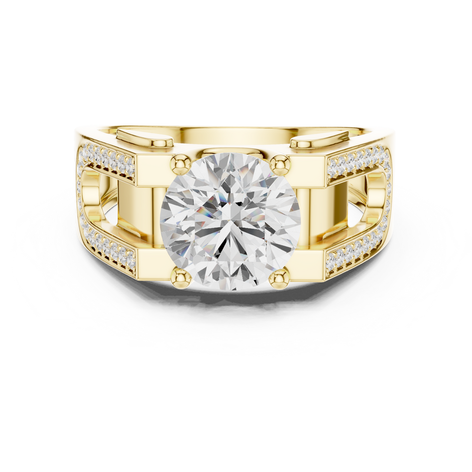 Solitaire Four Prong 1.50 Ct Round Lab Grown Diamond Ring Architectural Pave Band