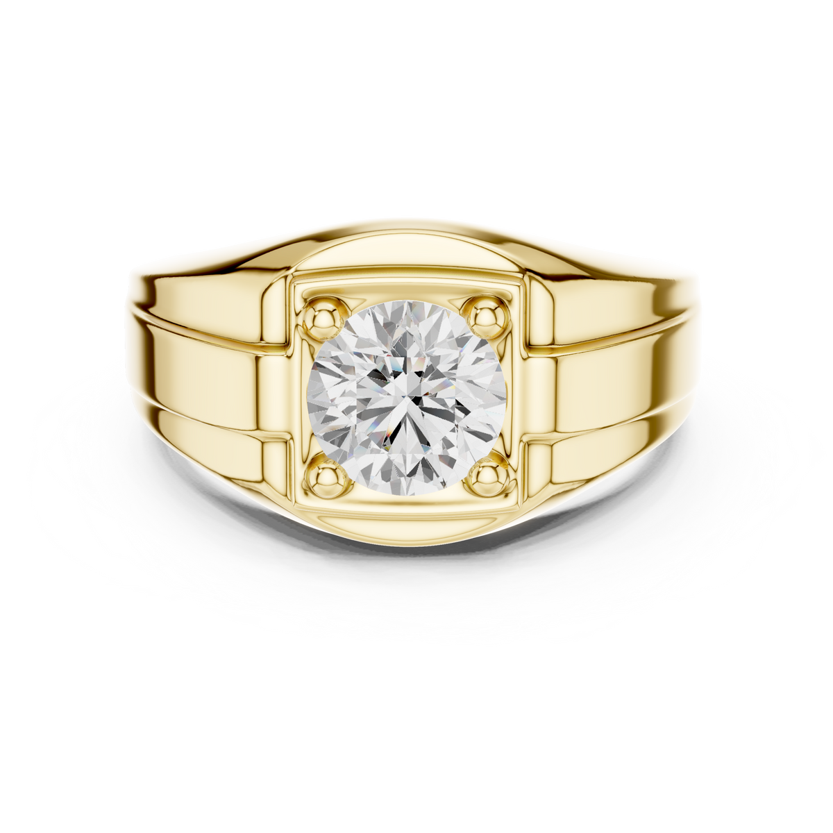 Round Shape Square Box Lab Grown Diamond Solitaire Ring Grooved Signet Band