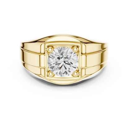 Round Shape Square Box Lab Grown Diamond Solitaire Ring Grooved Signet Band