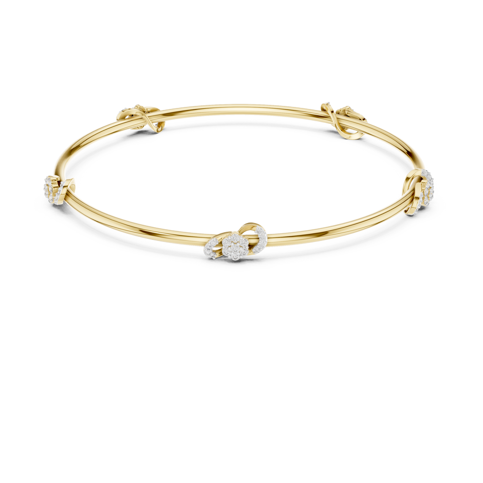Gold Bangle Bracelet with Swirl Cluster Diamond Stations