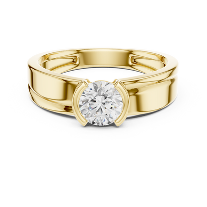 Solitaire Half Bezel Round Shape Lab Grown Diamond Ring Grooved Band