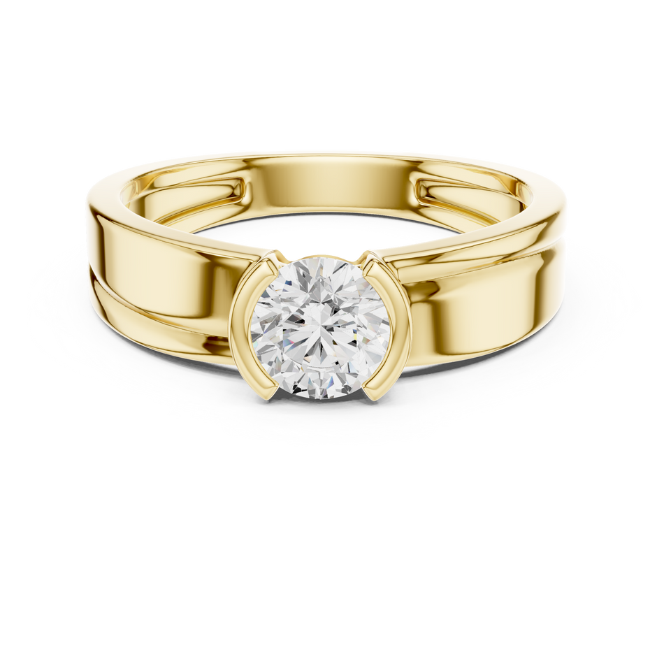 Solitaire Half Bezel Round Shape Lab Grown Diamond Ring Grooved Band