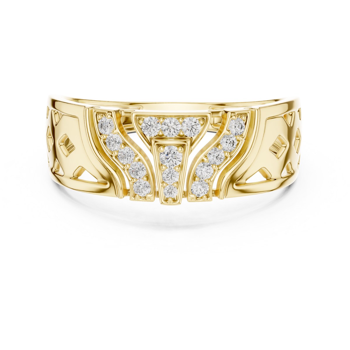 Geometric T-Bar Flanking Curved Wing Pave Diamond Lattice Ring