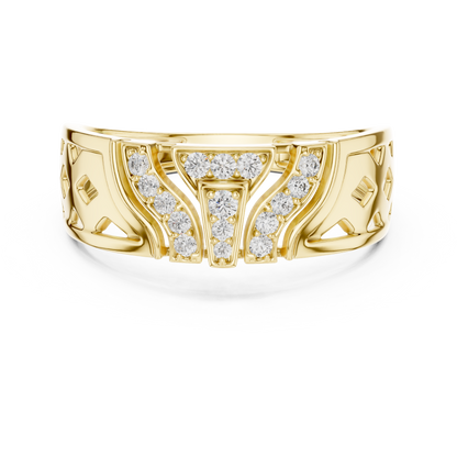Geometric T-Bar Flanking Curved Wing Pave Diamond Lattice Ring