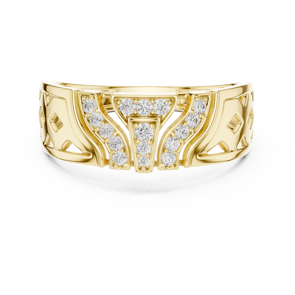 Geometric T-Bar Flanking Curved Wing Pave Diamond Lattice Ring