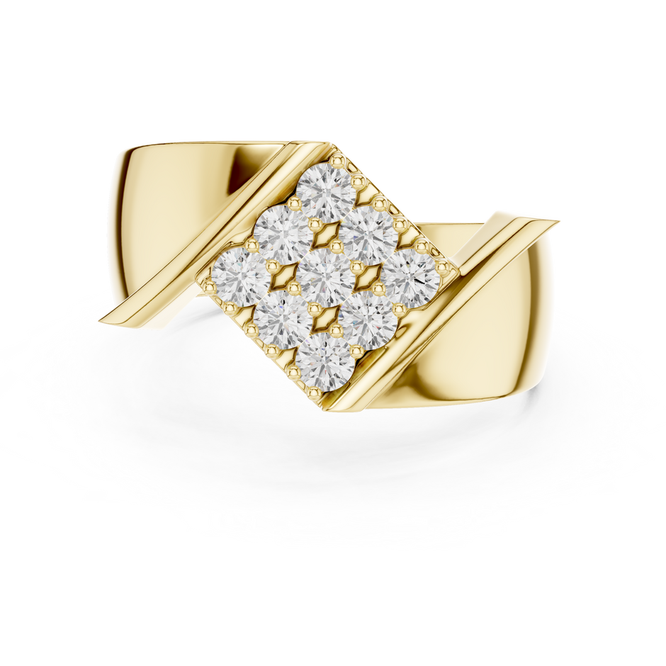 Round Shape Square Cluster Lab Grown Diamond Ring Diagonal Bar Signet Band