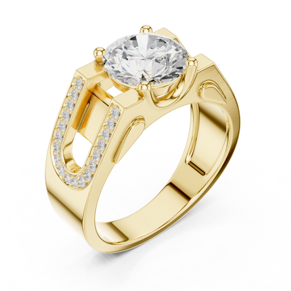 Solitaire Four Prong 1.50 Ct Round Lab Grown Diamond Ring Architectural Pave Band
