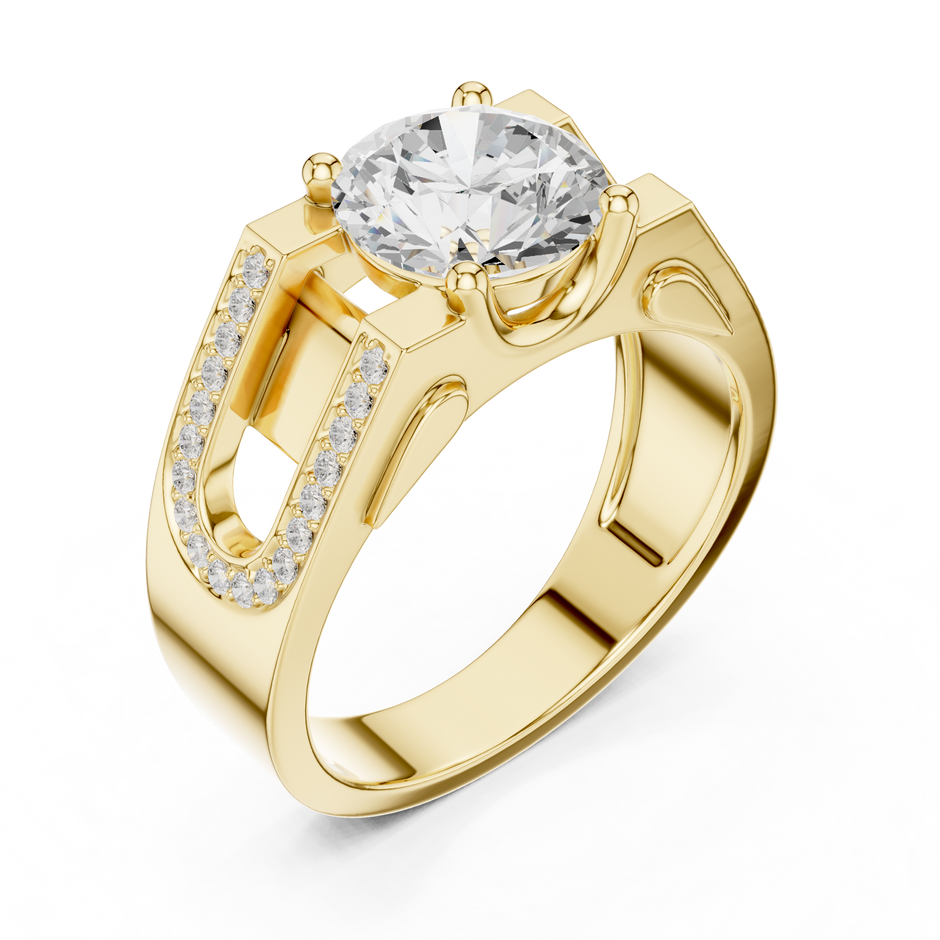 Solitaire Four Prong 1.50 Ct Round Lab Grown Diamond Ring Architectural Pave Band