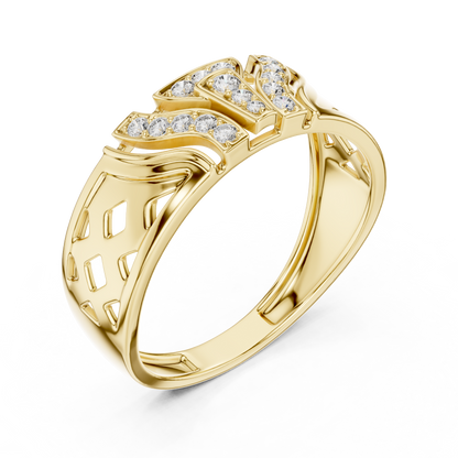 Geometric T-Bar Flanking Curved Wing Pave Diamond Lattice Ring