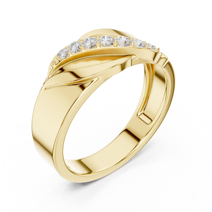 Diagonal Leaf Wave Round Shape Lab Grown Diamond Ring Sculpted Band