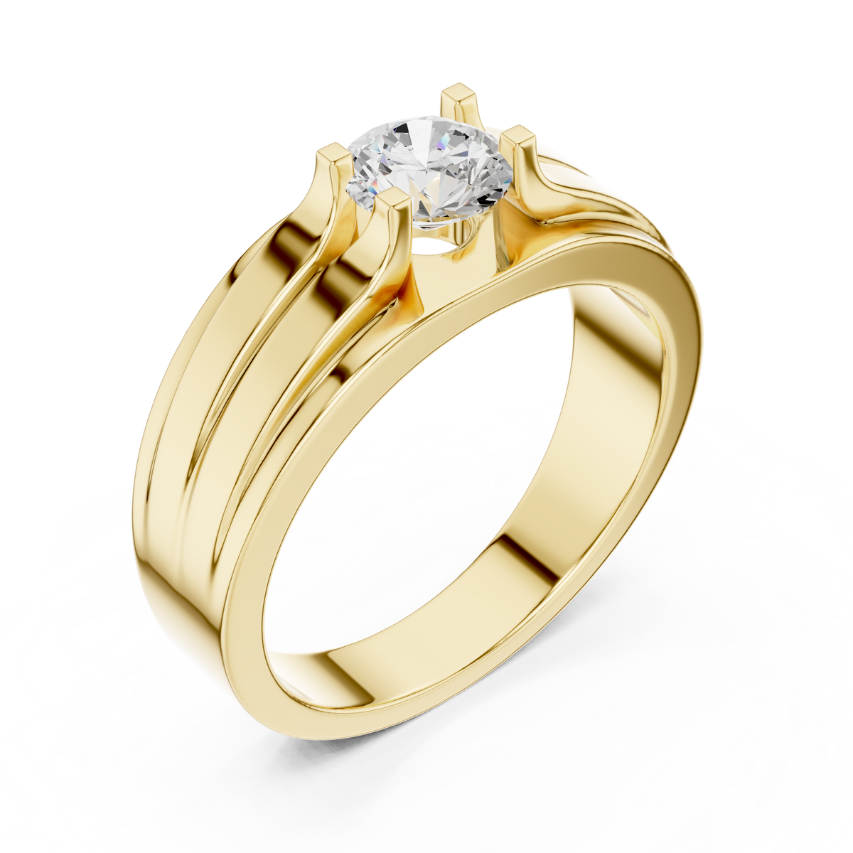 Four Corner Prong Round Shape Lab Grown Diamond Ring Grooved Band