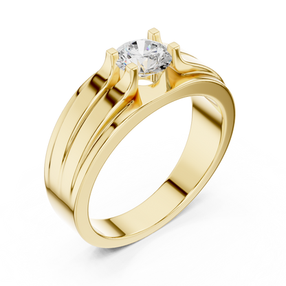 Four Corner Prong Round Shape Lab Grown Diamond Ring Grooved Band