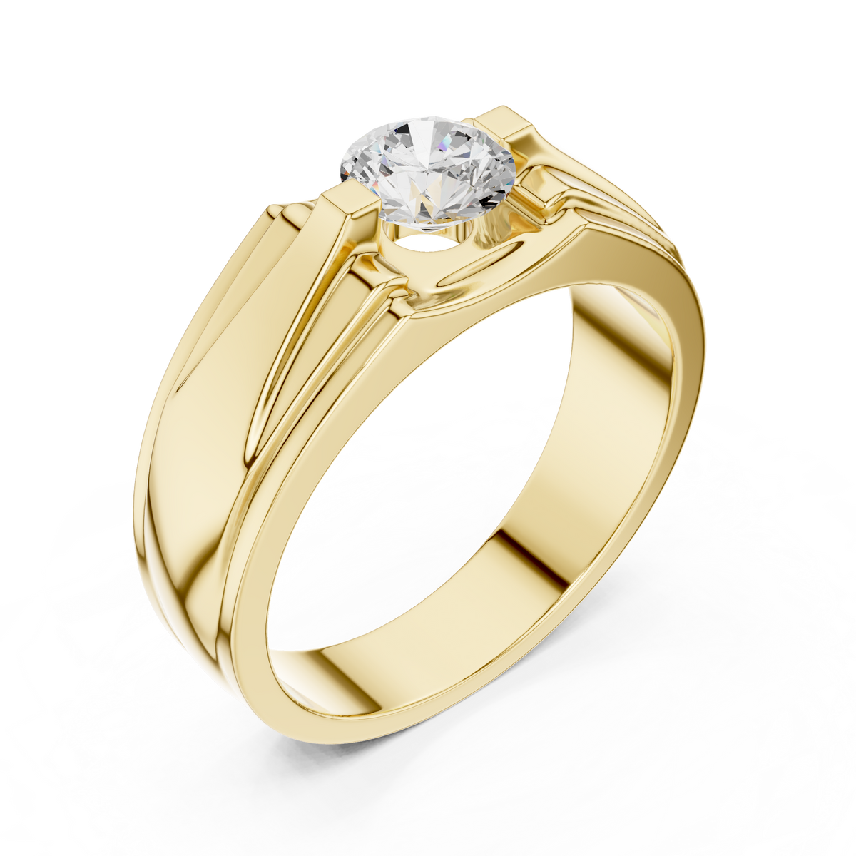 Four Prong Round Lab Grown Diamond Solitaire Ring Angular Grooved Design