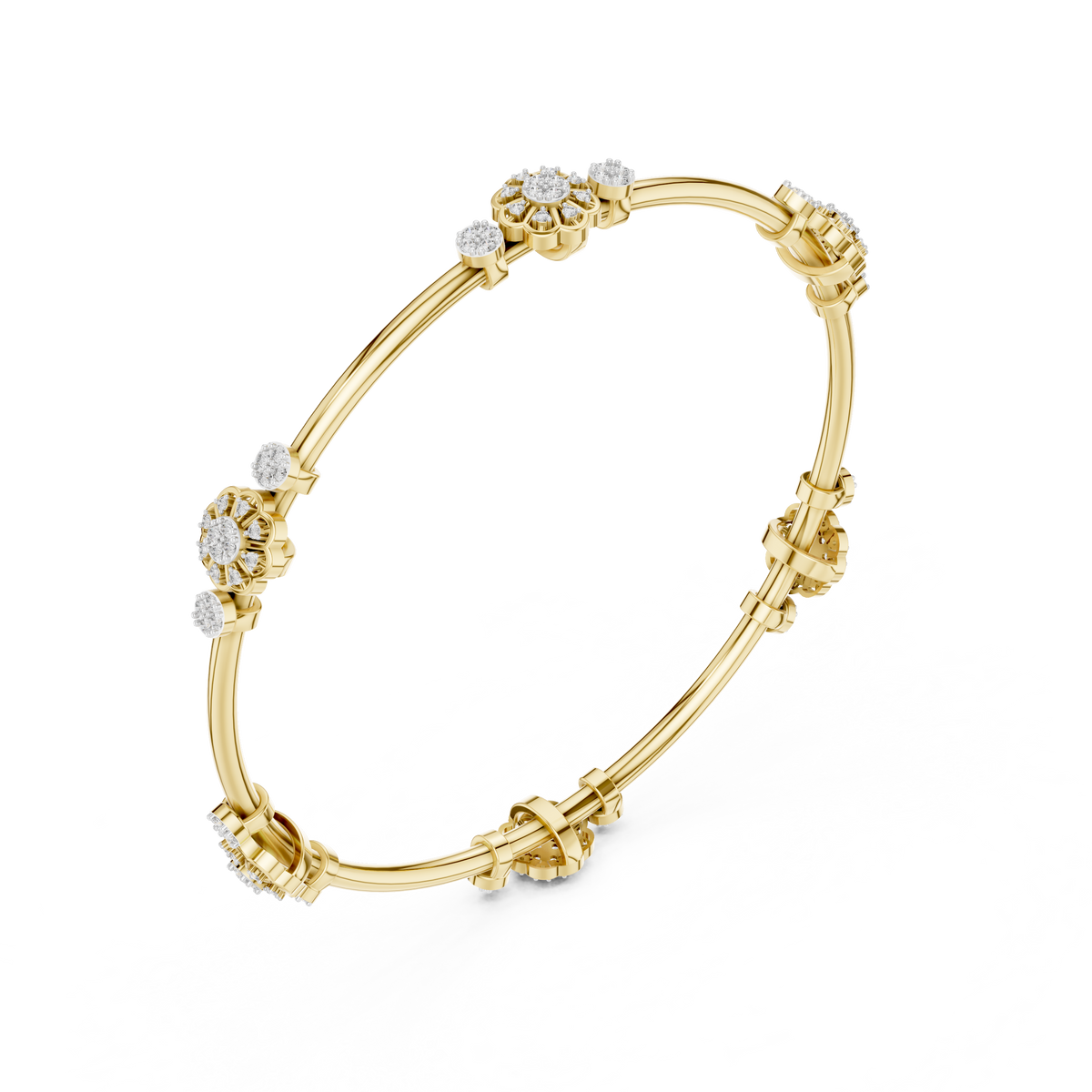 Gold Bangle Bracelet with Floral Diamond Station Clusters