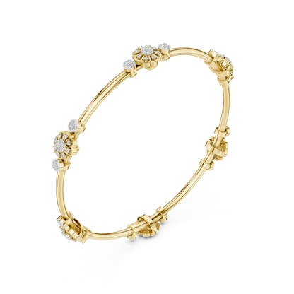Gold Bangle Bracelet with Floral Diamond Station Clusters