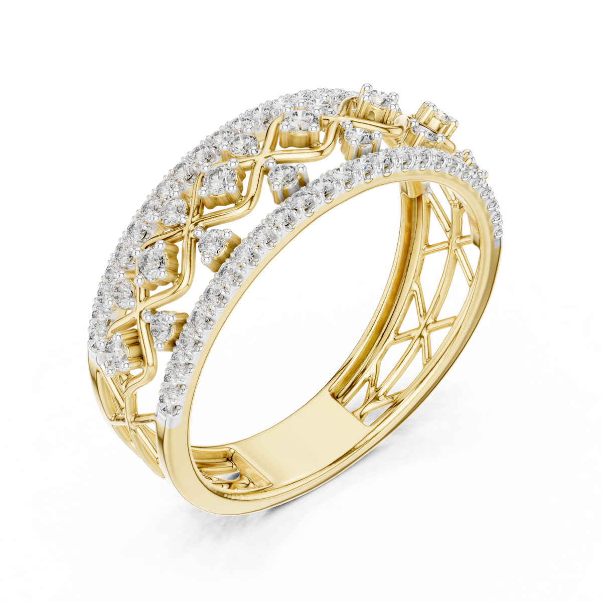 Multi Band Geometric Pave Set Lab Grown Diamond Ring