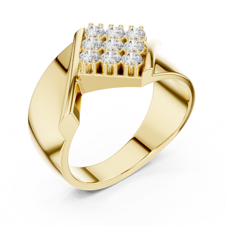 Round Shape Square Cluster Lab Grown Diamond Ring Diagonal Bar Signet Band