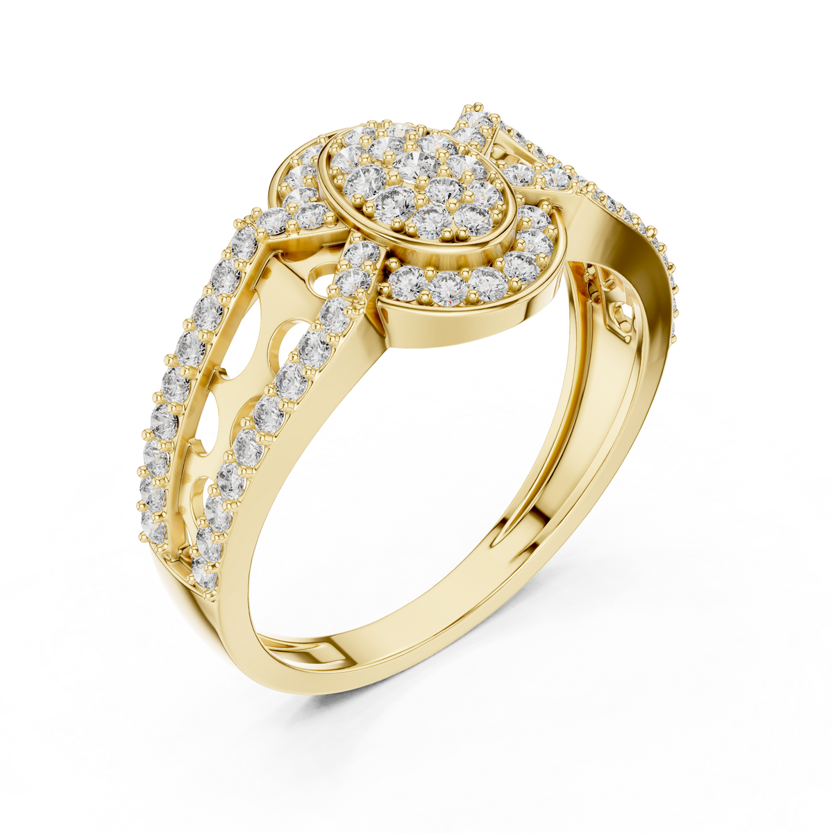 Round Diamond Cluster Ring with Oval Halo and Openwork Band