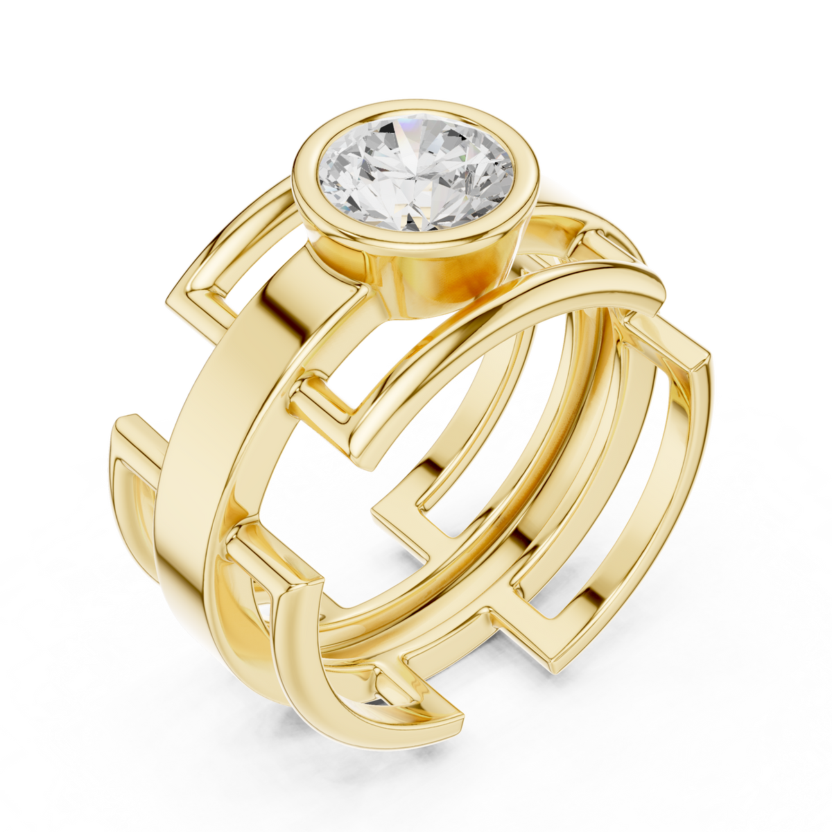 Bezel Set 1.00 Ct Round Lab Grown Diamond Solitaire Ring Geometric Cage Style
